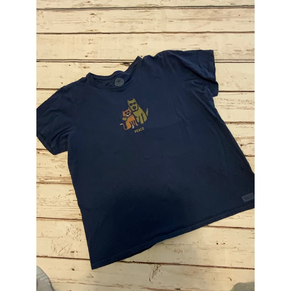 Life is Good Womens XXL Navy Blue Peace Cat and Dog Graphic T-Shirt Classic Fit